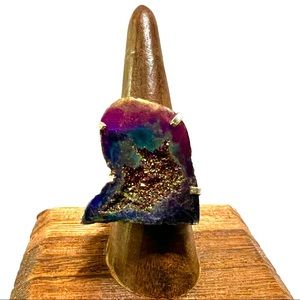 Rainbow Titanium Druzy Sterling Silver Ring, Size 7.5